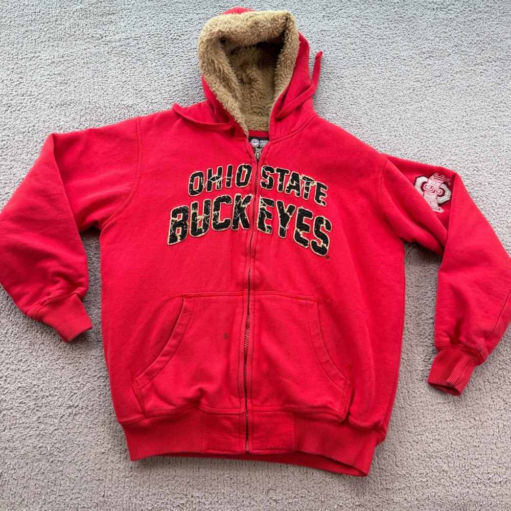 GIII Sports Ohio State Buckeyes Red Faux Fur Lined Full Zip Hoodie Mens Large